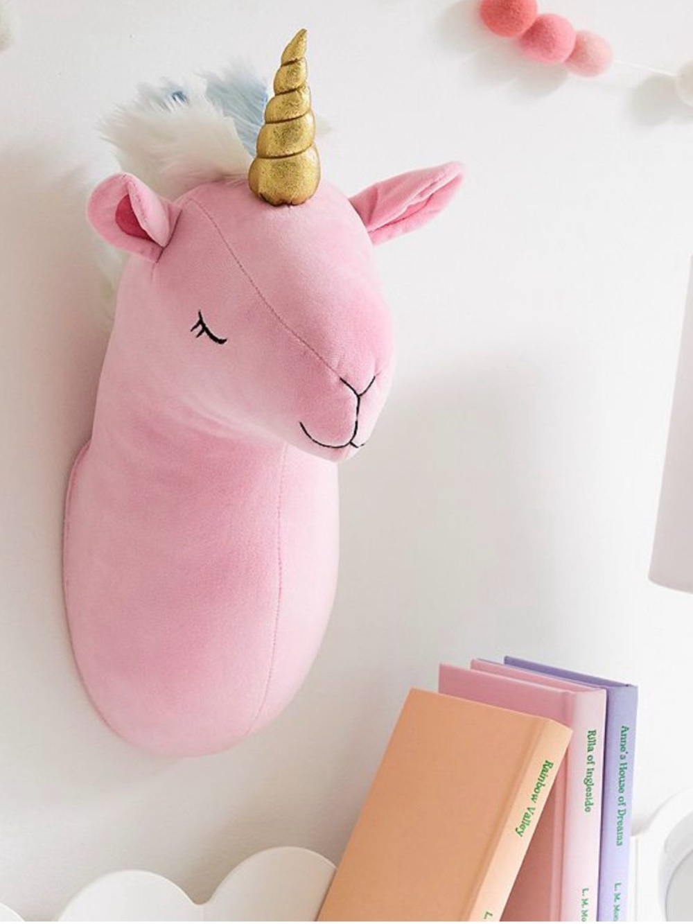Pink Plush Unicorn Head Wall Hanging Decor White Mane Gold Horn - No D Ring